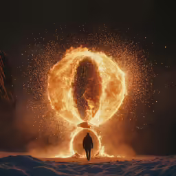a man walking in the snow near a huge object