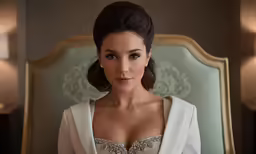 a beautiful young lady wearing a white robe and wearing blue eyes