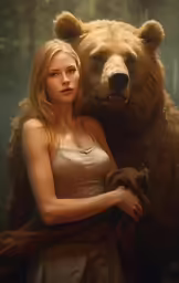 a girl and a large bear on the side