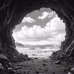a black and white photo looking out onto a beach
