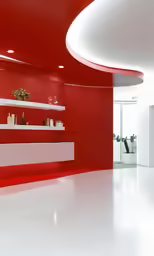 a white reception area has an unusual design