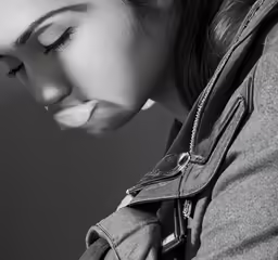 a woman has her eyes closed and is wearing a trench coat