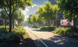 a city street with lots of green trees and bushes