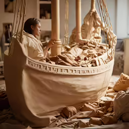 a woman sitting on top of a boat that has sand in it