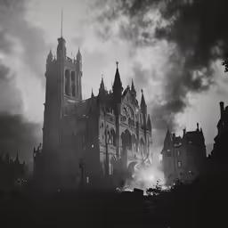 an old picture of a cathedral at night