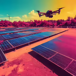 the image shows a plane flying over several rows of solar panels