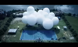 a white balloon floats over a blue tennis court