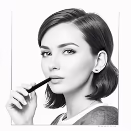 black and white drawing of woman brushing her teeth