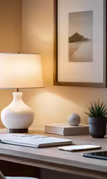 the lamp is on in front of the white desk