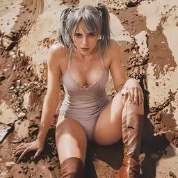 a woman is sitting in the sand, wearing boots