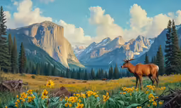 a painting of an elk in front of a mountain range