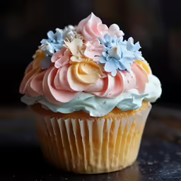 a cupcake with multi - colored frosting on a table