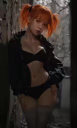 an orange haired girl in black stockings standing by a wall