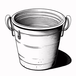 a bucket sitting on the ground in black and white
