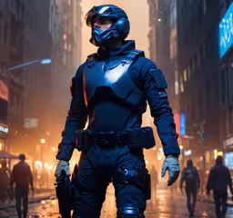 a man dressed as batman walking down a wet street in the dark,a man in riot gear standing in the middle of the street