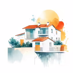 a drawing of houses with some water in front of it