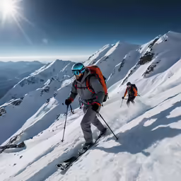 two people skiing up a snowy mountain ridge