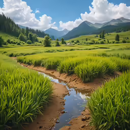 a small creek meanders through the lush green plains