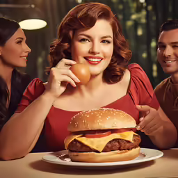a woman with a cheeseburger next to two men