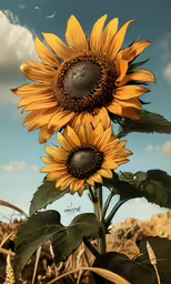 two large sunflowers are in a field