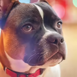 a brown and white dog with bright spots