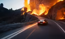 the car is driving past the flames on the mountains