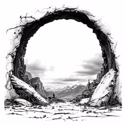 a black and white photograph of an old abandoned archway in the middle of a barren landscape