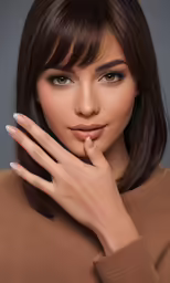 a woman with long dark hair and brown sweater with a ring on her fingers