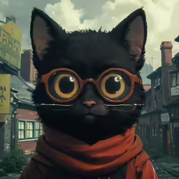 a cat wearing glasses and a scarf with yellow eyes