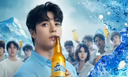 an asian man in a blue shirt is holding a bottle