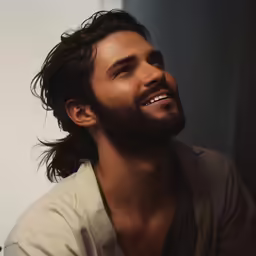 a man with long hair and beard is smiling