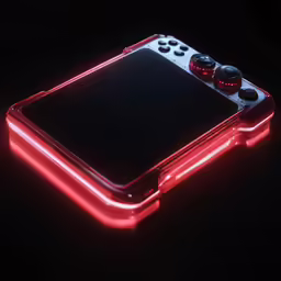 a red gaming device lit up in the dark