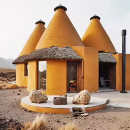 some grass roofs sitting in the middle of desert