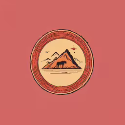 a red background with an oval border, a mountain and a bear,a horse stands on top of a hill surrounded by mountains