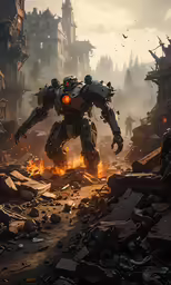 a giant robot that has a bright light on it