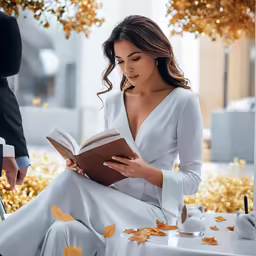 a woman is reading a book in a park