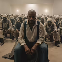 a black man is seated in the middle of a room with other men