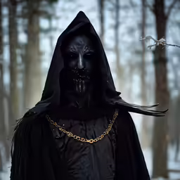 an evil looking figure in the woods is wearing a black outfit