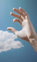 a hand reaching up to an object in the sky