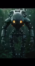 a strange robot with yellow eyes and arms