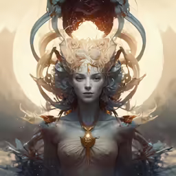 a woman wearing elaborate hair stands in front of an abstract image