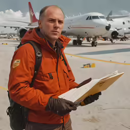 a man in a orange jacket stands near an airplane