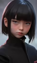 an animated girl in a black dress and leather