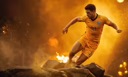 a male soccer player in action on a rock