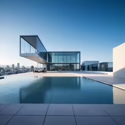 a pool that is in front of a building