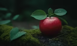 a red apple on the ground covered in leaves