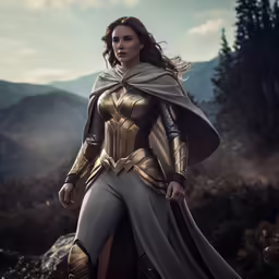 the beautiful young woman in armor stands in the mountains