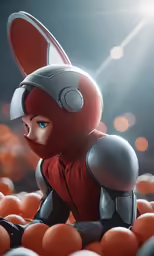an animated character is sitting in some orange balls
