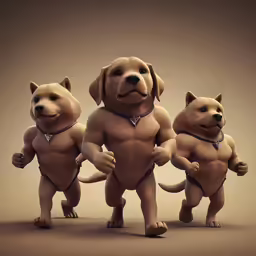 three dog shaped characters in different poses on the same background