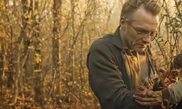 two people standing in the woods next to some bushes